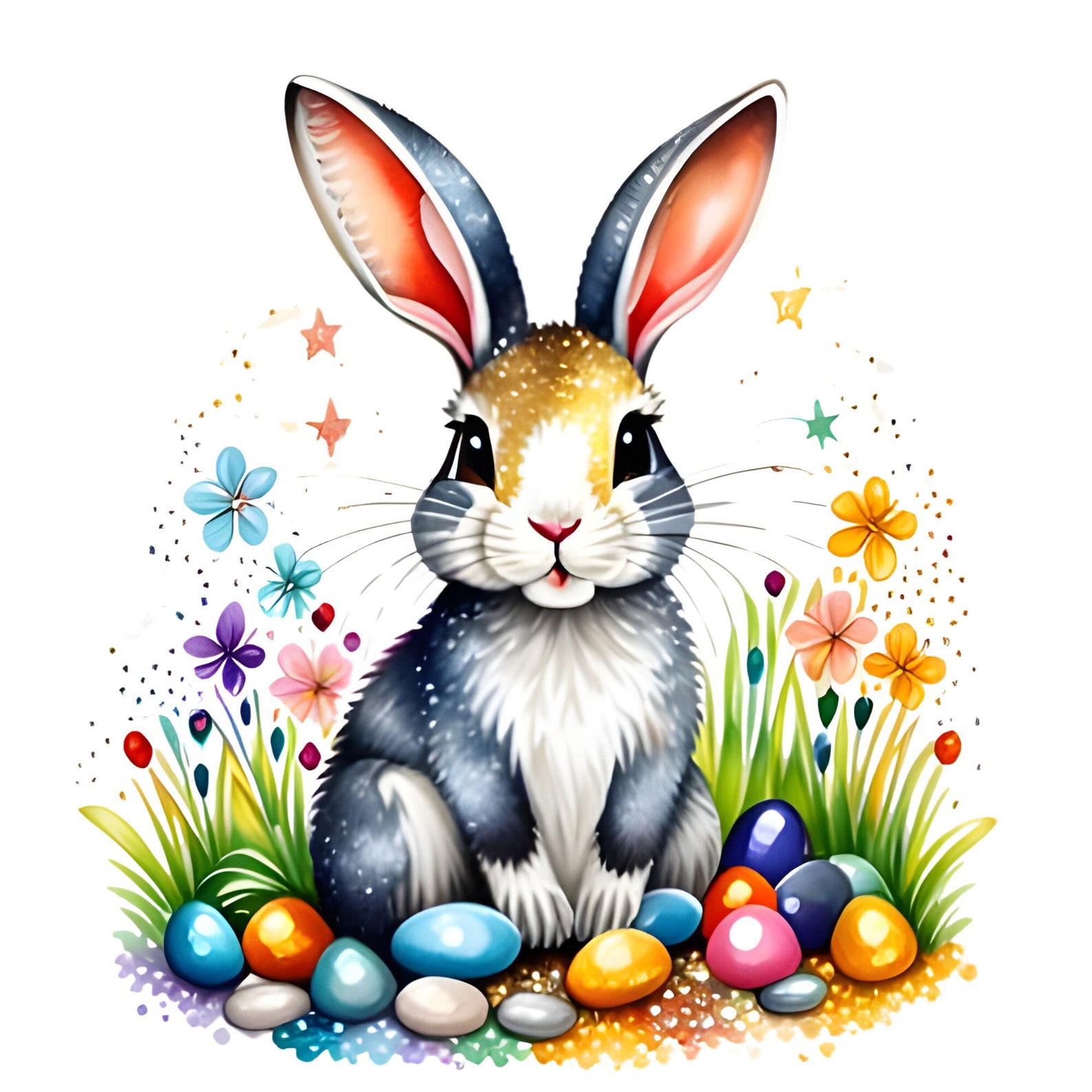 5 Easter Rabbit Watercolor PNG, Sparkling Gemstone & Glitter Decor ...