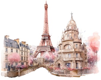 Eiffel Tower Watercolor Clipart Set: Paris Pink Illustration (PNG)
