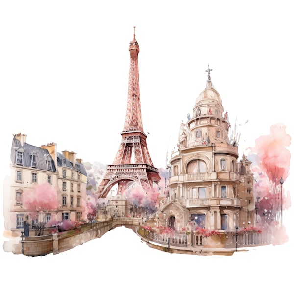 PARIS Eiffel Tower watercolor CLIPART Set, High Quality Transparent Background Pink Illustration France Png For Scrapbooking, DIY Crafting