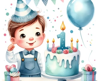 Baby Boy 1st Birthday Watercolor Balloons Clipart (PNG Files)
