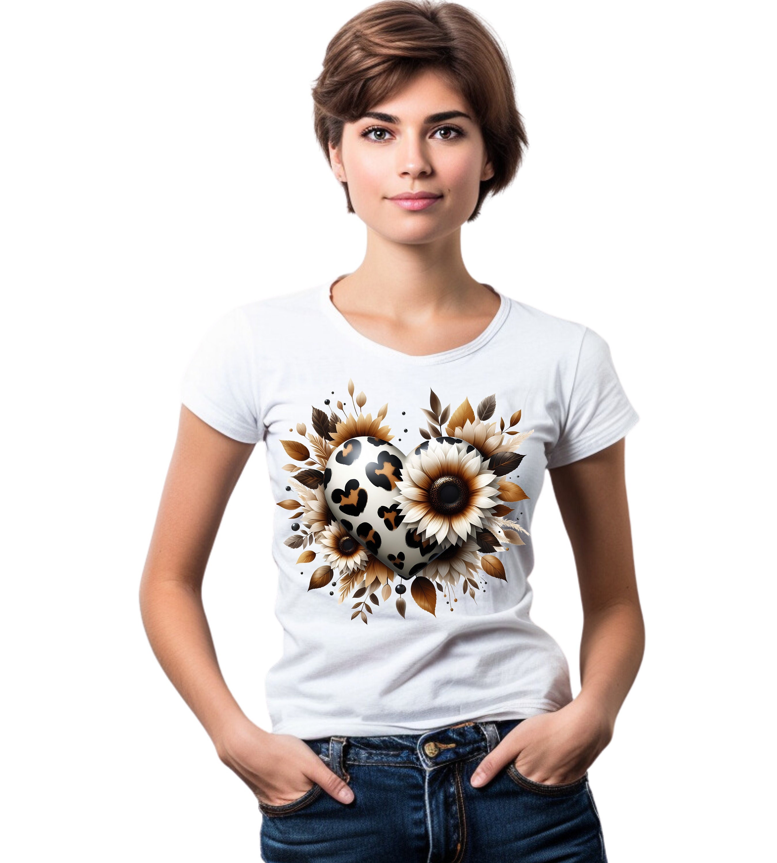 Leopard and Sunflowers Design , heart with leaves. Transparent Background, PNG Digital Download The perfect base for your creativity.