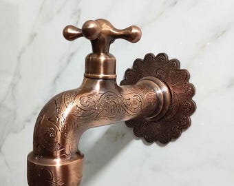 Handmade Engraved Brass Faucet, Moroccan Copper Finish Sink Faucet, Vintage Bathroom Kitchen Tap, Artisan Custom Brass Faucet