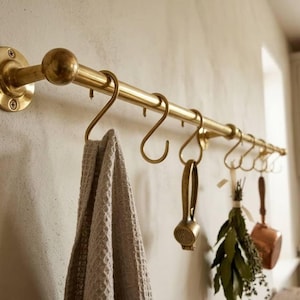 Unlacquered Brass Pot Rail with "S' hooks, Antique Style Unlacquered Brass Pot Rack Vintage Handmade Gold Brass Pot Rack Rustic Wall Mounted