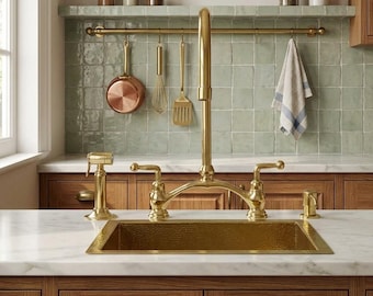 Grifo de puente de latón sin lacar, grifo de cocina de puente en V de latón puro, rociador lateral, dispensador de jabón de latón.