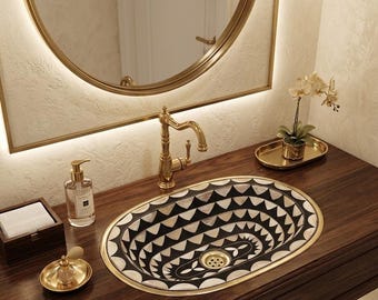 Handmade Oval Drop-In Sink with Brass Rim & black Resin  – Modern Checkered Bathroom Basin – Artisanal Resin Vanity Sink