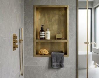 Nicho de ducha de latón martillado, estante empotrado de latón sin lacar, nicho de pared para baño, almacenamiento de ducha marroquí hecho a mano, tamaños personalizados.