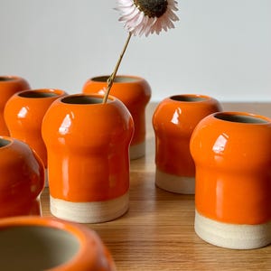 Könnte beinhalten: Eine Sammlung kleiner, orangefarbener Keramikvasen mit glänzendem Finish und naturbelassener, unglasierter Basis. Eine Vase enthält eine getrocknete Blume in Hellrosa und Braun. Die Vasen sind auf einer Holzoberfläche angeordnet.