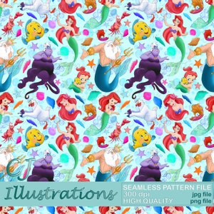Cute Little Mermaid Seamless Pattern PNG DIGITAL DOWNLOAD Commercial Use Printable Digital Paper Background design Ariel Sebastian flounder