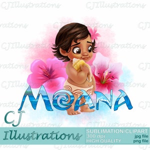 Op de afbeelding: Een digitale illustratie van een cartoon baby Moana die een schelp vasthoudt. De achtergrond is een aquarelverf in roze en blauw met hibiscusbloemen. De tekst "MOANA" is in blauw geschreven met een golfpatroon.