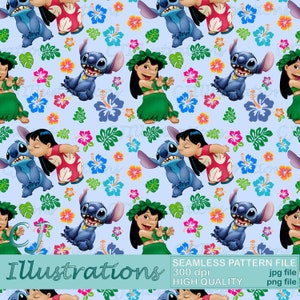 Simpatico modello senza cuciture Lilo e Stitch DOWNLOAD DIGITALE Uso commerciale stampabile. Carta digitale sfondo design clipart angelo ohana hawaii