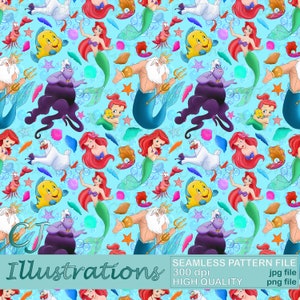 Cute Little Mermaid Seamless Pattern PNG DIGITAL DOWNLOAD Commercial Use Printable Digital Paper Background design Ariel Sebastian flounder