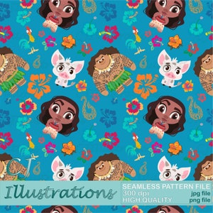 May include: Seamless pattern featuring cartoon characters, flowers, and paisley shapes on a teal background. The design includes characters with brown skin and dark hair, a pig, and a rooster. The text "Illustrations" is at the bottom.