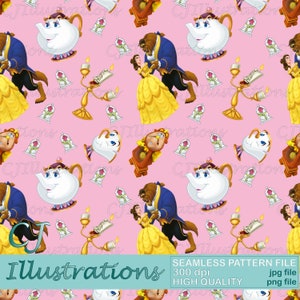 Cute Beauty And The Beast Seamless Pattern DIGITAL DOWNLOAD Commercial Use Printable. Digital Paper Background design clipart Belle Beast