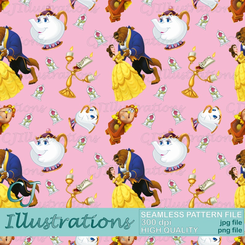 Cute Beauty and the Beast Seamless Pattern DIGITAL DOWNLOAD Commercial ...