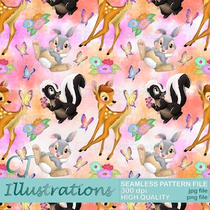 May include: A seamless pattern featuring a pink and orange watercolor background with cartoon images of Bambi, Thumper, and Flower. The pattern includes butterflies and flowers.