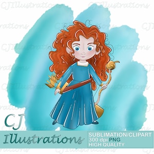 May include: A digital illustration of a young girl with long, curly red hair wearing a blue dress and holding a bow and arrow. The background is a watercolor wash of blue and green.