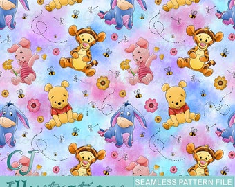 May include: A seamless pattern featuring Winnie the Pooh and his friends, including Tigger, Piglet, and Eeyore. The characters are depicted in a cartoon style against a watercolor background of pink, blue, and yellow. The pattern also includes bees, flowers, and dotted lines.
