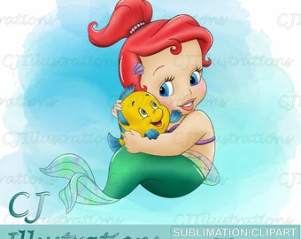 Lindo bebé Sirenita Clipart Patrón PNG DESCARGA DIGITAL Diseño de fondo de papel digital imprimible comercial Ariel bajo el cangrejo marino
