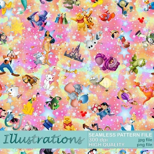 Wzór bez szwu Magic Kingdom CYFROWE POBIERANIE Komercyjne zastosowanie Wydruk cyfrowy Papier mysz Tło projekt clipart minnie pixar mickey