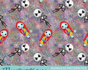 Cute Christmas Jack and Sally clipart Seamless pattern design Digital Download PNG JPG JPEG Printable Print the nightmare before skellington