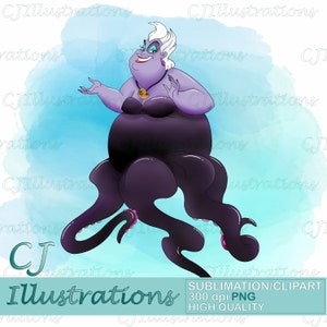 May include: A digital illustration of Ursula, the sea witch from Disney's The Little Mermaid. She is depicted as a large, purple-skinned woman with long, dark hair and a wicked smile. She is wearing a black dress and has tentacles coming out of her back. The background is a light blue watercolour wash.