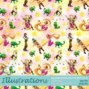 Peut inclure: Un motif sans couture représentant une illustration de dessin animé de Raiponce et Flynn Rider du film Disney Tangled. Le motif comprend des images des longs cheveux blonds de Raiponce, un caméléon, un cheval et un soleil. L'arrière-plan est une aquarelle rose et jaune.