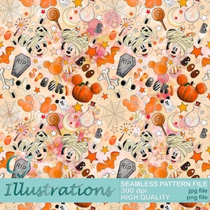 Halloween Kürbis Mickey Minnie nahtlose Muster DIGITAL DOWNLOAD Kommerzielle Nutzung Druckbare Digitales Papier Hintergrund design Clipart Hexe Fledermaus
