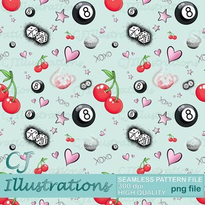 Könnte beinhalten: Ein nahtloses Muster mit Kirschen, Würfeln, Herzen, Sternen und 8-Ball-Billardkugeln auf hellblauem Hintergrund. Das Muster eignet sich perfekt für den Einsatz in digitalen und gedruckten Designs.