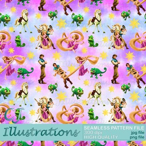 Puede incluir: Un patrón sin costuras que presenta una ilustración de dibujos animados de Rapunzel y Flynn Rider de la película de Disney Tangled. El patrón también incluye un camaleón, un caballo y soles. El fondo es una acuarela de color rosa y azul.