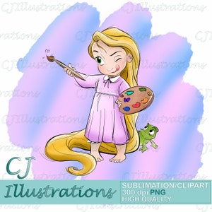 Może przedstawiać: Cyfrowa ilustracja przedstawiająca młodą dziewczynkę z długimi blond włosami, ubraną w różową sukienkę i trzymającą pędzel oraz paletę farb. Mruga okiem i ma złośliwy wyraz twarzy. Za nią siedzi zielona żaba. Obrazek jest umieszczony na tle akwarelowym.