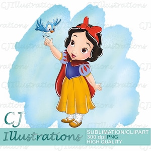 May include: A digital illustration of a young girl in a yellow dress, blue bodice, and red cape, with a red bow in her hair. A blue bird perches on her finger. The image includes the text "CJ Illustrations" and "SUBLIMATION/CLIPART 300 dpi PNG HIGH QUALITY".
