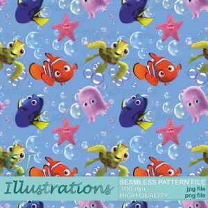 Cute Nemo Seamless Pattern DIGITAL DOWNLOAD Commercial Use Printable Digital Paper Background design clipart Finding dory under the sea fish
