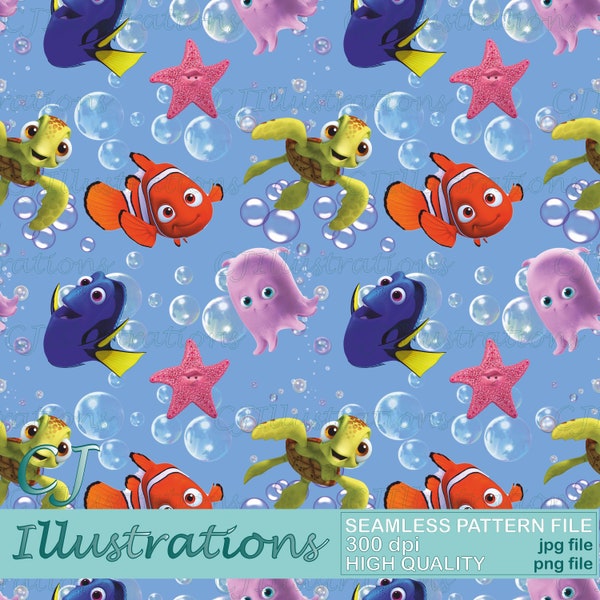 Cute Nemo Seamless Pattern DESCARGA DIGITAL Uso comercial Fondo de papel digital imprimible diseño gráfico Buscando a dory bajo el pez marino