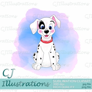 May include: A cartoon Dalmatian puppy with black spots sits on a watercolor background of pink and blue. The puppy has a red collar and is looking directly at the viewer.