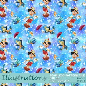 Cute Pinocchio Seamless Pattern DIGITAL DOWNLOAD Commercial Use Printable Digital Paper Background design clipart cleo figaro Jiminy Cricket