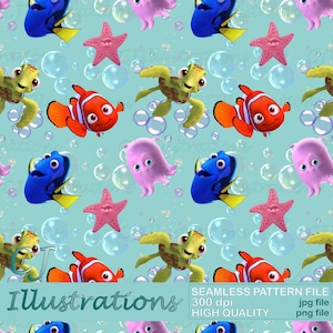Cute Nemo Seamless Pattern DIGITAL DOWNLOAD Commercial Use Printable Digital Paper Background design clipart Finding dory under the sea fish