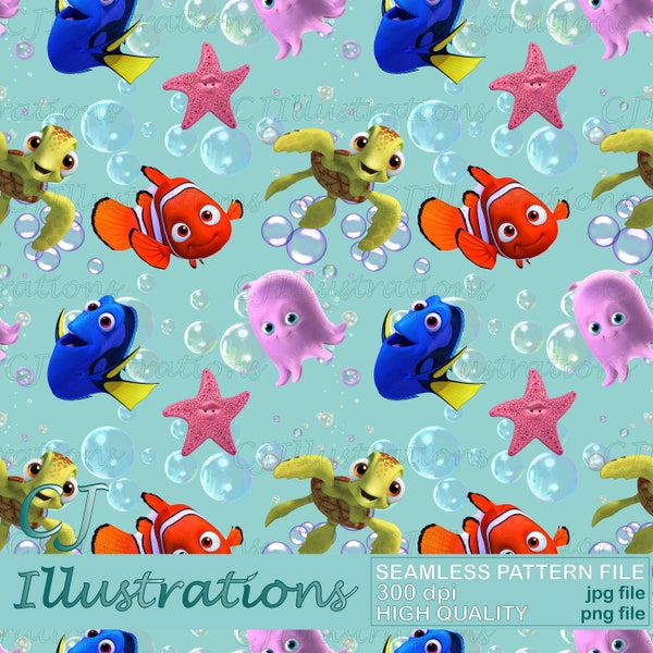 Cute Nemo Seamless Pattern DIGITAL DOWNLOAD Commercial Use Printable Digital Paper Background design clipart Finding dory under the sea fish