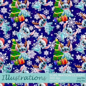 Cute Reindeer Santa Stitch Seamless Pattern Sublimation design Digital Download PNG JPG JPEG Printable Print Merry Christmas Lilo holidays