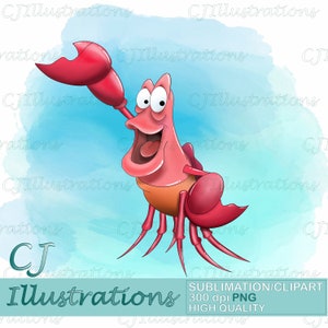 May include: A digital illustration of a red crab with a large mouth and wide eyes. The crab is smiling and has one claw raised in the air. The background is a light blue watercolour wash.