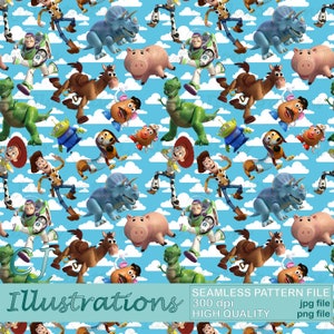 May include: A seamless pattern featuring characters from the Toy Story franchise. The pattern includes Woody, Buzz Lightyear, Jessie, Rex, Slinky Dog, Mr. Potato Head, and Hamm. The characters are set against a blue background with white clouds.