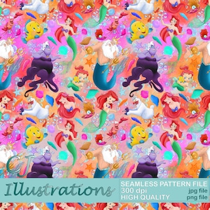 Cute Little Mermaid Seamless Pattern PNG DIGITAL DOWNLOAD Commercial Use Printable Digital Paper Background design Ariel Sebastian flounder