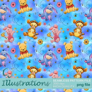 Baby Winnie the pooh Seamless Pattern DIGITAL DOWNLOAD Commercial Use Printable Digital Paper Background design clipart Tigger Eeyore Piglet
