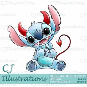 May include: A blue cartoon character with red horns and a tail, sitting with its hands clasped in front of it. The character has a mischievous expression on its face.