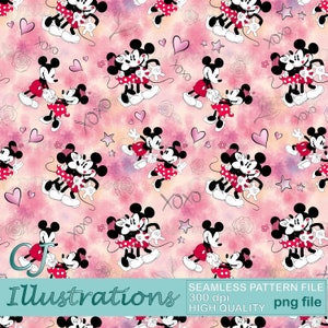 May include: A seamless pattern featuring Mickey Mouse and Minnie Mouse in a romantic embrace. The background is a soft pink with watercolor-like clouds and hearts. The pattern includes stars, flowers, and the text "XOXO".