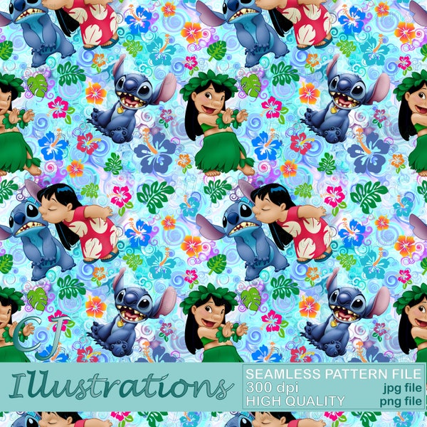 Cute Lilo and Stitch Seamless Pattern DIGITAL DOWNLOAD Commercial Use Printable. Digital Paper Background design clipart angel ohana hawaii