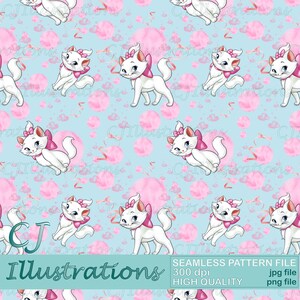 Söta Aristocats Marie Seamless Mönster DIGITAL NEDLADDNING Kommersiellt bruk Utskrivbart. Digitalt papper bakgrundsdesign clipart katter