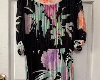 ヴィンテージ 80年代 レオナール パリ シルク ジャージー ドレス M/L フランス製 花柄 サイン入り