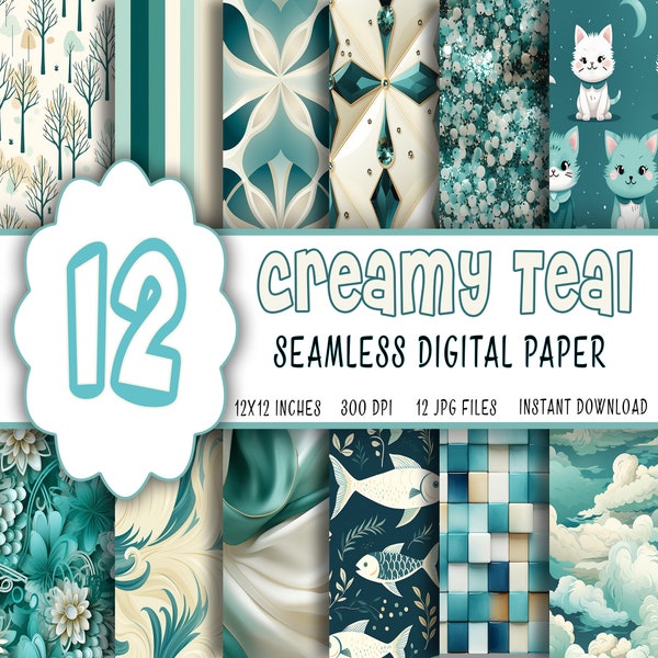 12 Teal and Ivory Seamless Pattern, teal texture, ivory paper, cream paper, turquoise paper, instant download, scrapbook paper