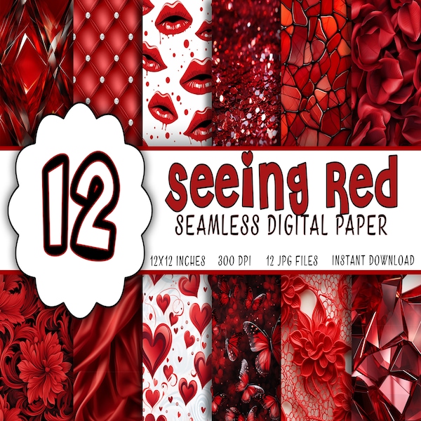 12 Luxury Red Digital Paper, seamless red textures, red glitter, red foil, sequin, diamond tufted digital instant download, seeing Red, Rose