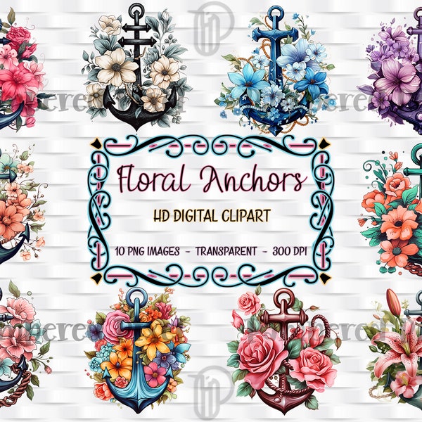 10 Floral Anchor ClipArt Set, Anchor Clip Art, Floral Clipart, instant download, nautical clipart